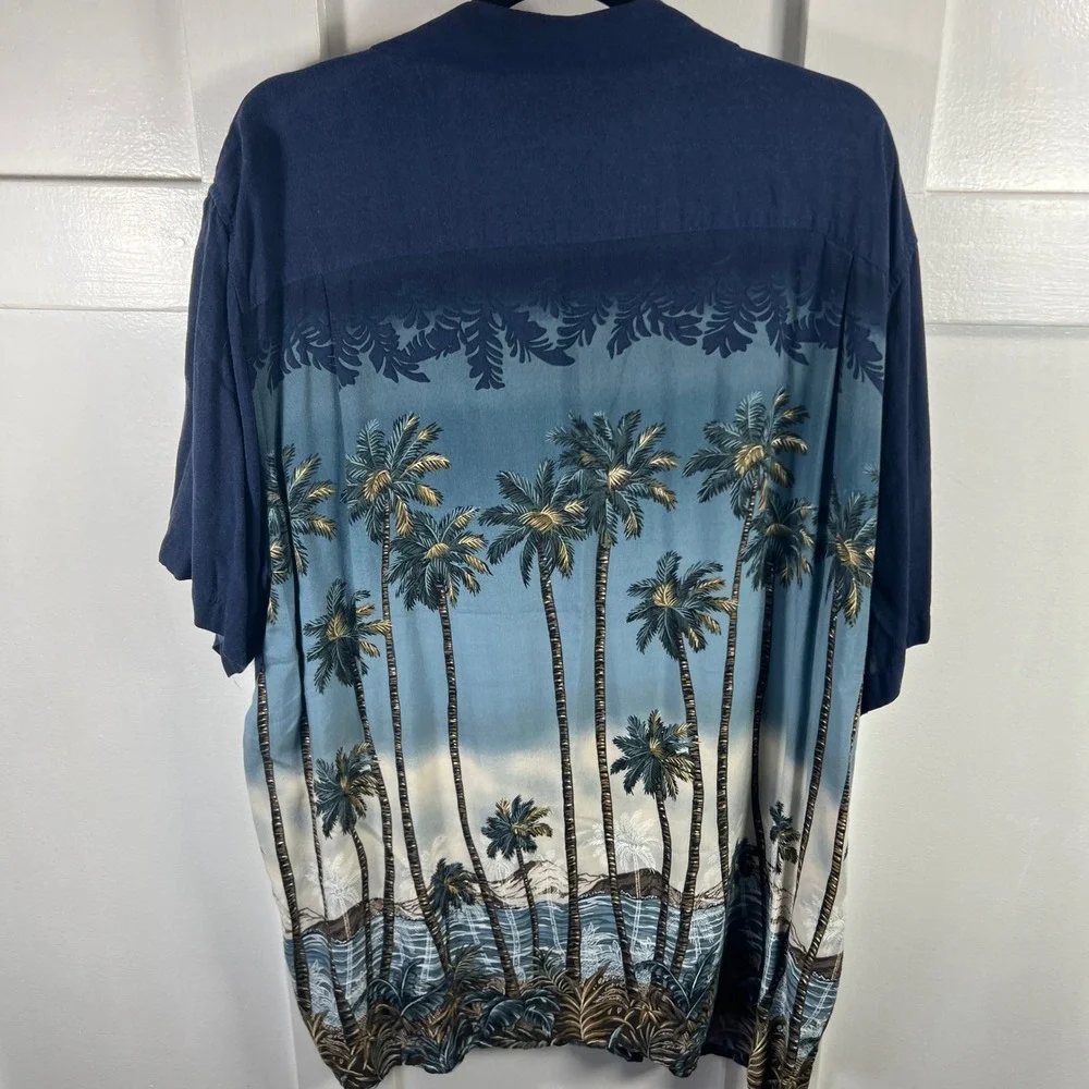 Batik Bay Mens XXL Blue Tropical Palm Tree Rayon Short Sleeve Camp Shirt 1493